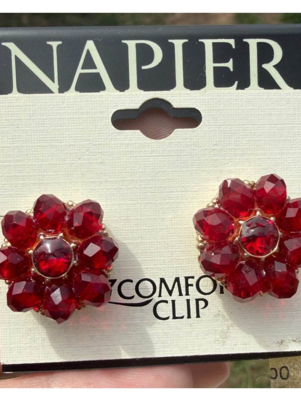 Vintage Napier JJG Red Flower Rhinestone Clip on Earrings